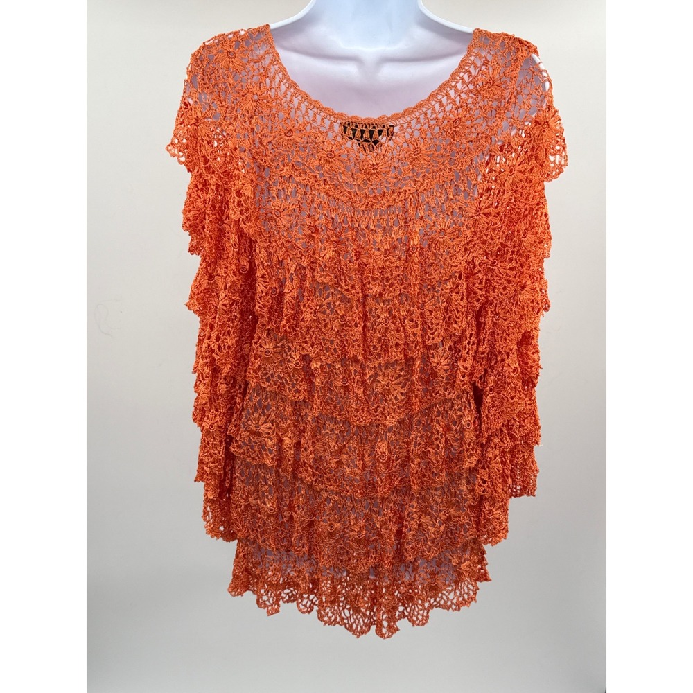 Ania A Orange Crochet Knit Tiered Ruffle Floral Top L/XL Rayon Boho Scoop Neck - Picture 5 of 10